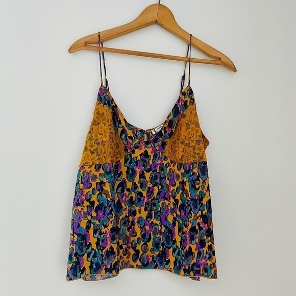 FREE PEOPLE Womens Brown Lace Printed Spaghetti Strap V Neck Tank Top Size: L - Picture 2 of 9